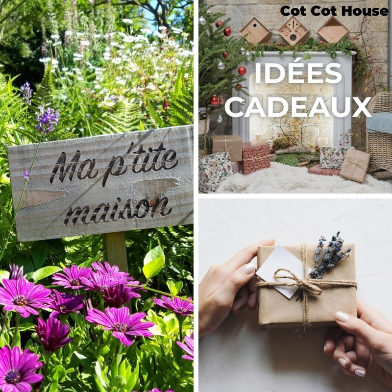 Cot Cot House pancarte bois gravée jardin pin Douglas